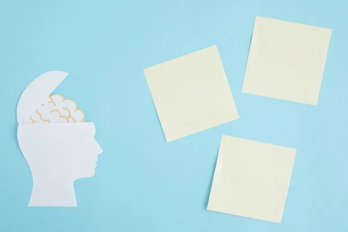 Framed Print : Blue Brain Open Head Print on Blank Sticky Notes Framed Print : Blue Brain Open Head Print on Blank Sticky Notes
