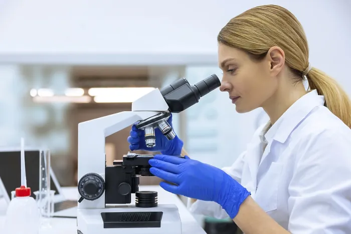 Framed Print : Blonde Scientist Working with Microscope Print Framed Print : Blonde Scientist Working with Microscope Print