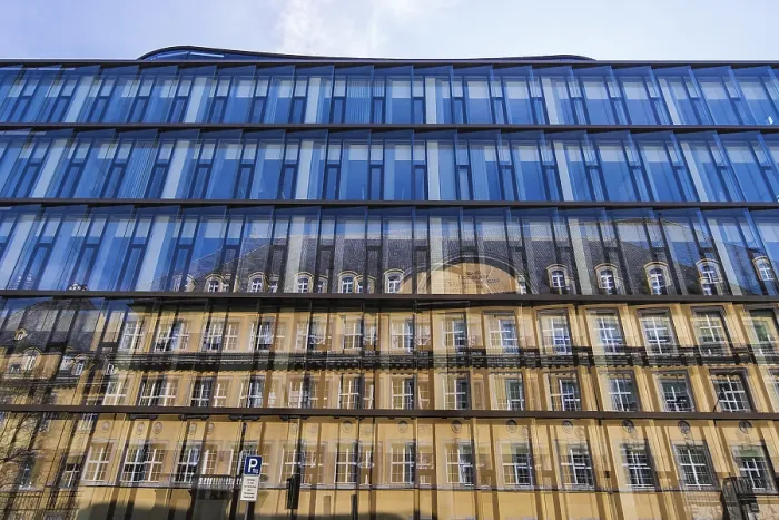 Framed Print : Blue Glass Facade Print, Munich Re Headquarters, Germany Framed Print : Blue Glass Facade Print, Munich Re Headquarters, Germany