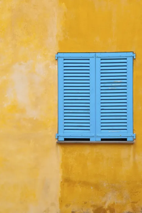 Framed Print : Blue Shutter Print on Yellow Plaster Wall Framed Print : Blue Shutter Print on Yellow Plaster Wall