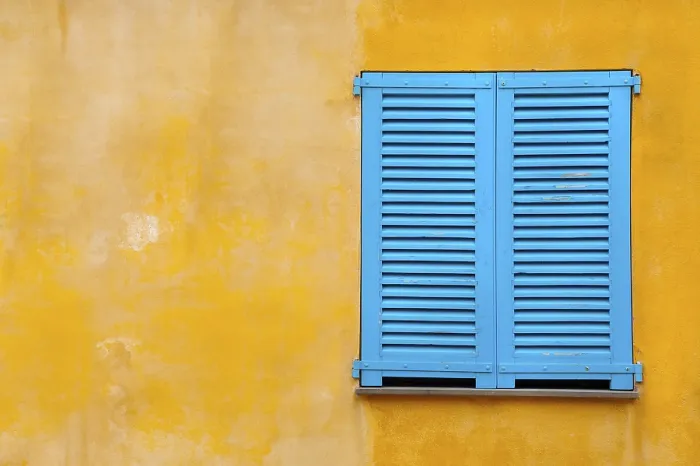 Framed Print : Blue Shutter Print on Yellow Plaster Wall Framed Print : Blue Shutter Print on Yellow Plaster Wall