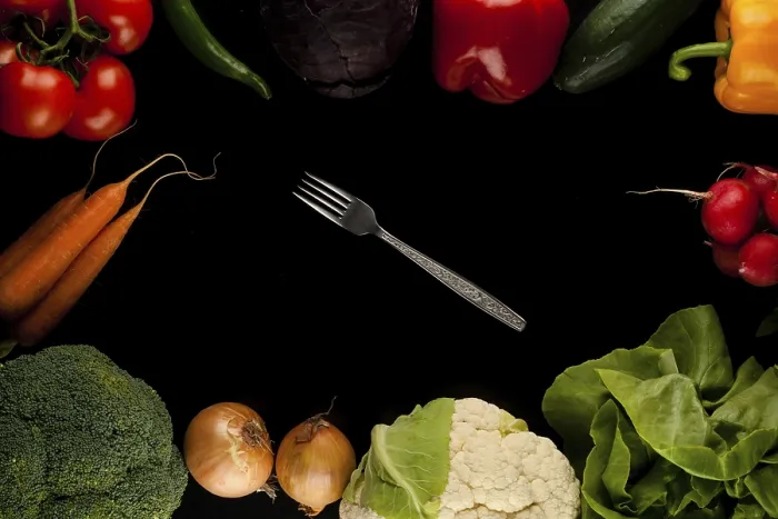 Framed Print : Vegetable Border Print with Fork on Black Background Framed Print : Vegetable Border Print with Fork on Black Background