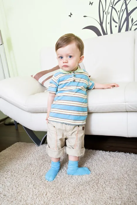 Framed Print : Boy Standing on Sofa Print, 1 Year Old Framed Print : Boy Standing on Sofa Print, 1 Year Old