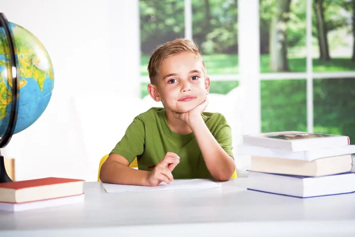 Framed Print : Boy with Books at a Table Print Framed Print : Boy with Books at a Table Print