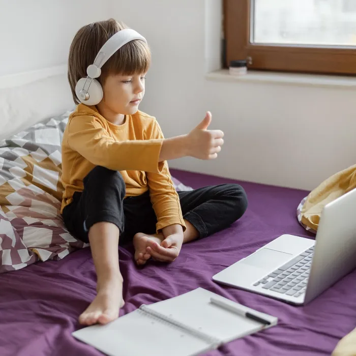 Framed Print : Boy Sitting in Bed Learning Thumbs Up Print