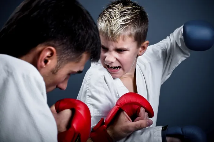 Framed Print : Karate Training Print: Boy Sparring with Trainer Framed Print : Karate Training Print: Boy Sparring with Trainer