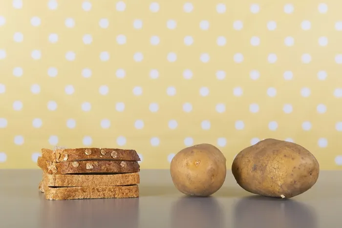 Framed Print : Bread and Potatoes Print - High Carbohydrate Food on Table Framed Print : Bread and Potatoes Print - High Carbohydrate Food on Table