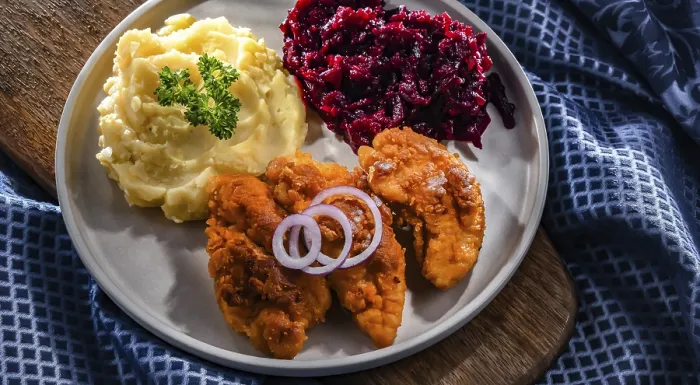 Framed Print : Breaded Chicken Cutlets Print with Potatoes and Beetroot