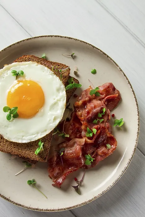 Framed Print : Breakfast Print: Fried Egg with Bacon and Micro-Greens Framed Print : Breakfast Print: Fried Egg with Bacon and Micro-Greens