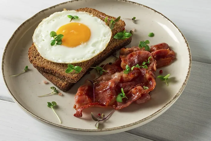 Framed Print : Breakfast Print: Fried Egg with Bacon on Light Background Framed Print : Breakfast Print: Fried Egg with Bacon on Light Background