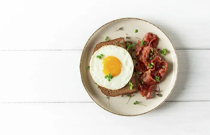 Framed Print : Breakfast Print: Fried Egg with Bacon on Light Background Framed Print : Breakfast Print: Fried Egg with Bacon on Light Background
