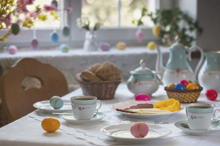 Framed Print : Breakfast table with Easter eggs Print Framed Print : Breakfast table with Easter eggs Print