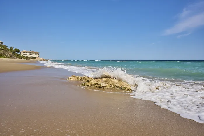 Framed Print : Breaking Waves Print on a Sandy Beach near Tarragona, Spain Framed Print : Breaking Waves Print on a Sandy Beach near Tarragona, Spain