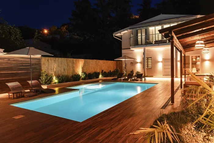 Framed Print : Night Poolside View Art Print Framed Print : Night Poolside View Art Print