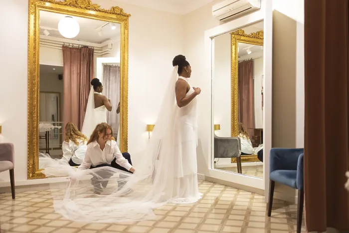 Framed Print : Bride in Fitting Room Print Framed Print : Bride in Fitting Room Print