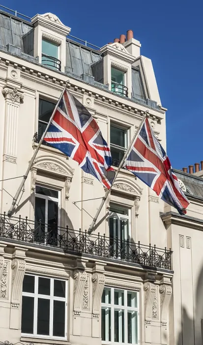 Framed Print : British Flags on a House Facade Print, London Framed Print : British Flags on a House Facade Print, London