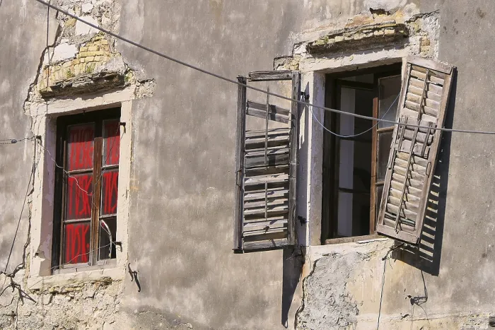Framed Print : Corfu Town Print: Peeling Plaster and Broken Shutters Framed Print : Corfu Town Print: Peeling Plaster and Broken Shutters