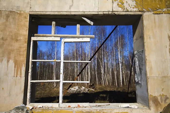 Framed Print : Collapsed House Print - Broken Window in Wall