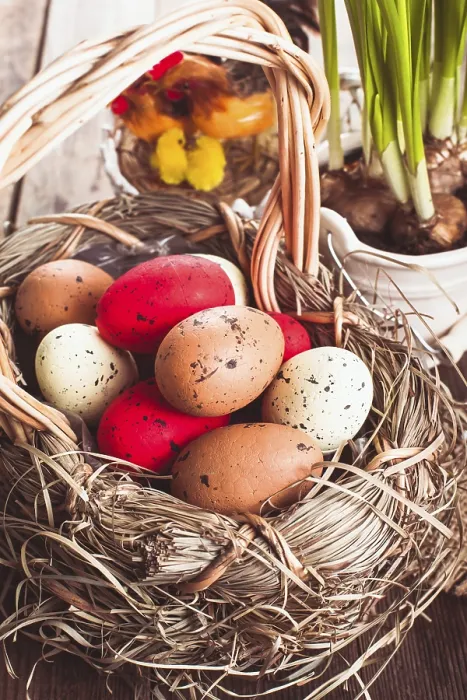 Framed Print : Brown, Red and Yellow Eggs in Easter Basket Print Framed Print : Brown, Red and Yellow Eggs in Easter Basket Print