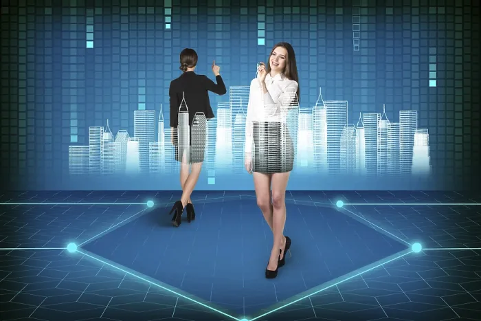 Framed Print : Futuristic Brunette Operating with Search Interface Print Framed Print : Futuristic Brunette Operating with Search Interface Print
