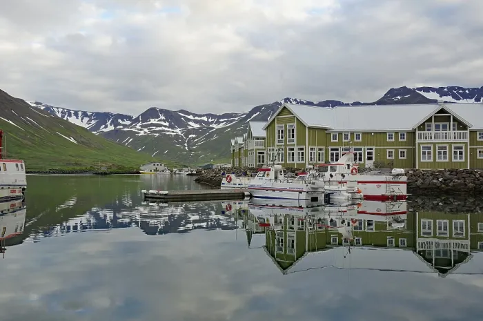 Framed Print : Building Reflected in Water Print, Siglufjordur Harbour Framed Print : Building Reflected in Water Print, Siglufjordur Harbour