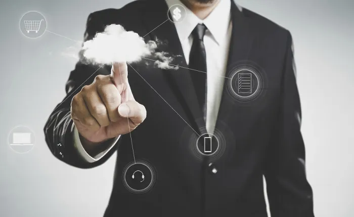 Framed Print : Businessmen Press to Cloud Server Print Concept Framed Print : Businessmen Press to Cloud Server Print Concept