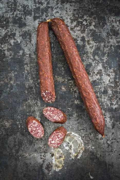 Framed Print : Cabanossi Sausages Print on Rustic Table Framed Print : Cabanossi Sausages Print on Rustic Table