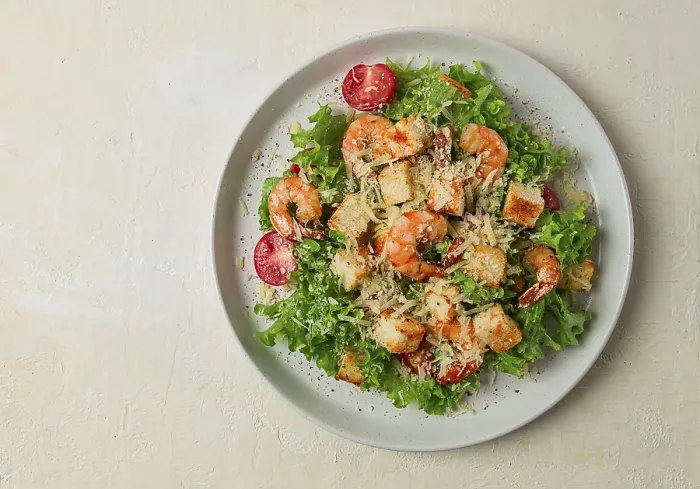 Framed Print : Homemade Caesar Salad with Shrimp Print on White Background Framed Print : Homemade Caesar Salad with Shrimp Print on White Background