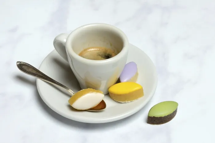 Framed Print : Calisson d'Aix and cup of coffee Print, French Confectionery Framed Print : Calisson d'Aix and cup of coffee Print, French Confectionery