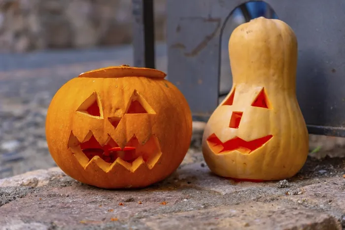 Framed Print : Two Carved Pumpkins on a Stone Surface Print Framed Print : Two Carved Pumpkins on a Stone Surface Print