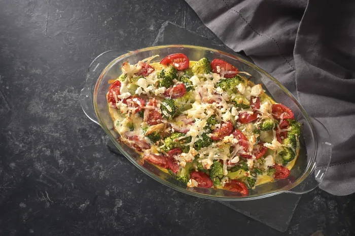 Framed Print : Broccoli, Tomato Casserole Print on Dark Slate Background Framed Print : Broccoli, Tomato Casserole Print on Dark Slate Background