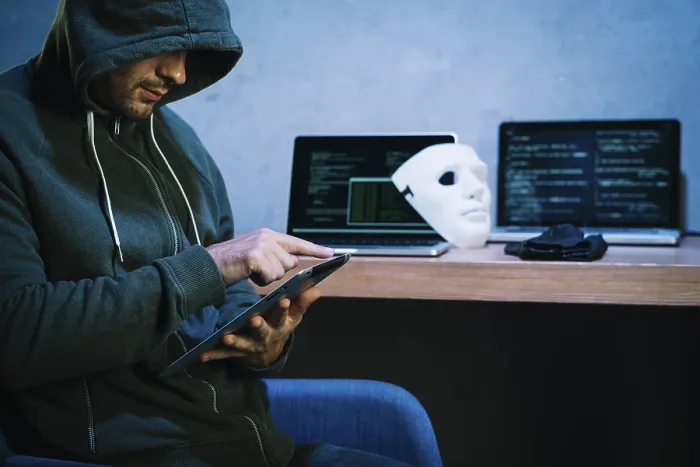 Framed Print : Hacker Using Tablet Print Framed Print : Hacker Using Tablet Print