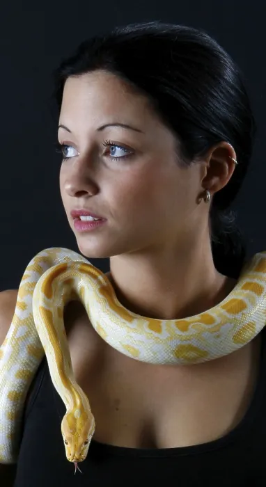 Framed Print : Albino Woman with Indian Python Print Framed Print : Albino Woman with Indian Python Print
