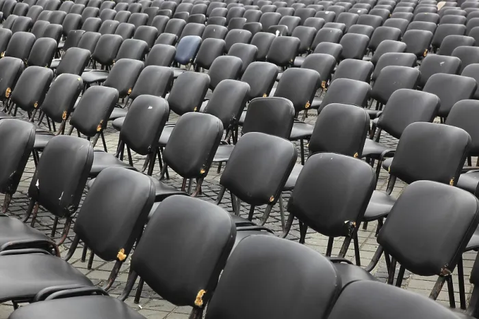 Framed Print : Empty Function Room with Gray Plastic Covered Chairs Print Framed Print : Empty Function Room with Gray Plastic Covered Chairs Print