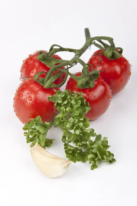 Framed Print : Cherry Tomatoes with Garlic and Basil Print Framed Print : Cherry Tomatoes with Garlic and Basil Print