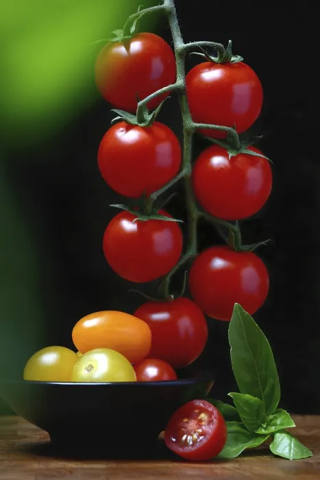 Framed Print : Cherry Tomatoes Print, Fresh Cherry Tomato on Stem and Skin Framed Print : Cherry Tomatoes Print, Fresh Cherry Tomato on Stem and Skin