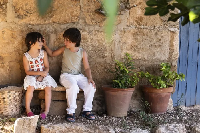 Framed Print : Rustic Bench Scene Print: Two Children in Conversation Framed Print : Rustic Bench Scene Print: Two Children in Conversation