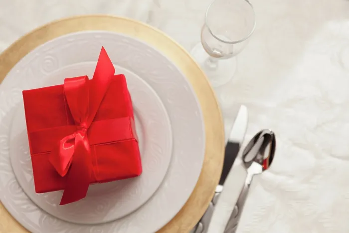 Framed Print : Christmas Gift with Place Setting at Table Print Framed Print : Christmas Gift with Place Setting at Table Print