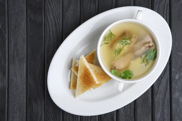 Framed Print : Clear Beef Broth with Egg and Toasts Print