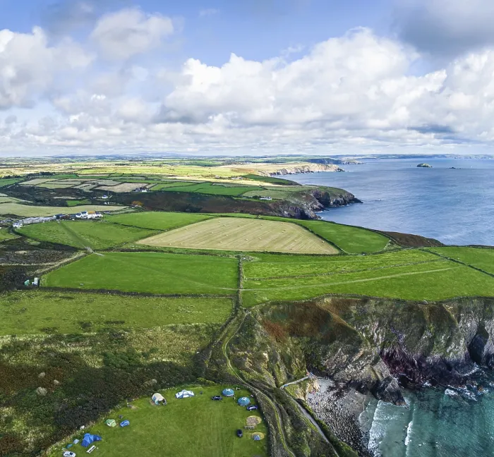 Framed Print : Cliffs and Fields over Porthclais from a drone, Print Framed Print : Cliffs and Fields over Porthclais from a drone, Print