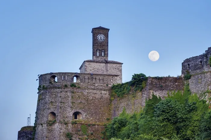 Framed Print : Clock Tower Print: Gjirokastra Castle at Full Moon Framed Print : Clock Tower Print: Gjirokastra Castle at Full Moon