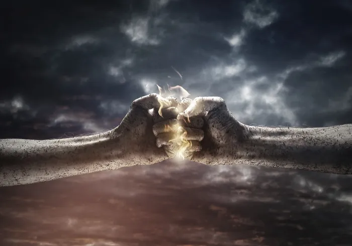 Framed Print : Close-Up Fists Print Over Dramatic Sky