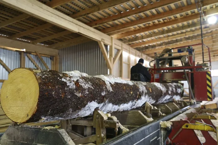 Framed Print : Close-up of Log and Worker Controls Machine Print