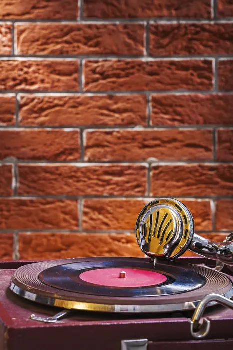 Framed Print : Close-up View of Gramophone Against Brick Wall Print Framed Print : Close-up View of Gramophone Against Brick Wall Print