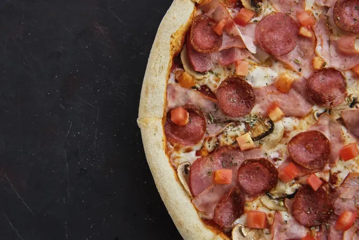 Framed Print : Close-up View of Pizza with Ham Print Framed Print : Close-up View of Pizza with Ham Print