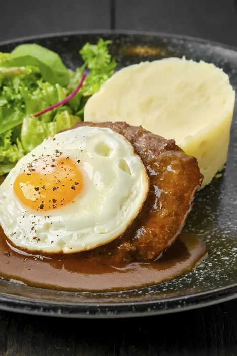 Framed Print : Closeup view of beef cutlet with fried egg Print Framed Print : Closeup view of beef cutlet with fried egg Print