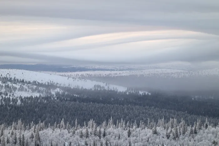 Framed Print : Clouds over forested mountain ranges Print, Saariselka, Finland