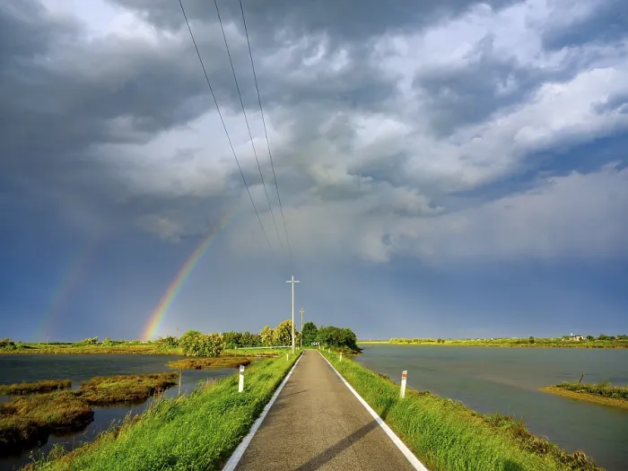 Framed Print : Clouds and Rainbow over Single Lane Road Print, Veneto Italy Framed Print : Clouds and Rainbow over Single Lane Road Print, Veneto Italy