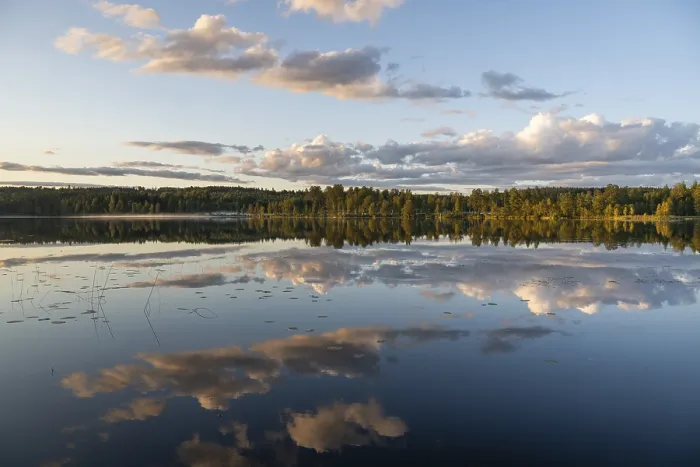 Framed Print : Clouds reflected on water, forest lake Print, Sweden Framed Print : Clouds reflected on water, forest lake Print, Sweden