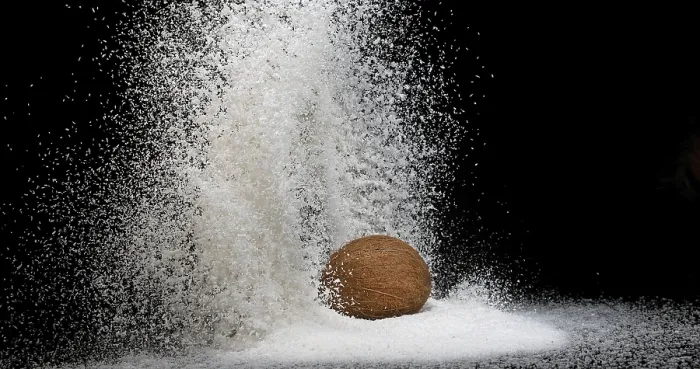 Framed Print : Coconut Print: Exploding Fruit and Powder Framed Print : Coconut Print: Exploding Fruit and Powder